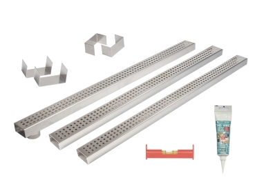 3er Rinnenset (Poolrinnen) V4A superflach mit 1 Rinne mit Stutzen,2 Rinnen geschlossen,2 Endstücke,2 Verbinder,1 Dichtmittel,1 Schnurwasserw.